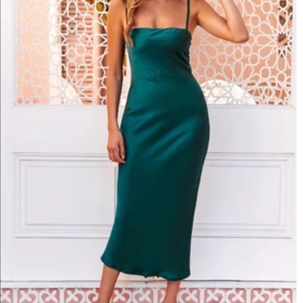 Emerald green silk midi dress